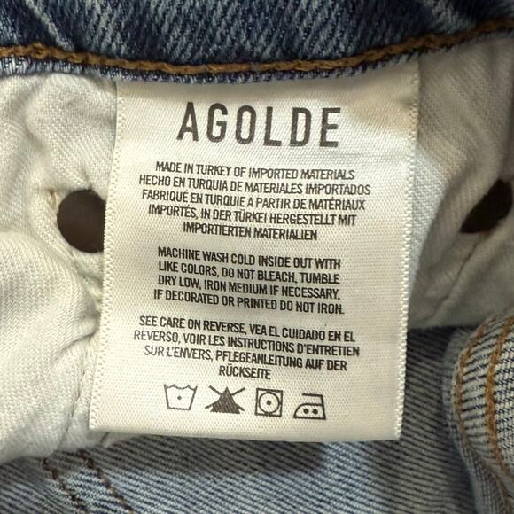 Agolde Nico High Rise Blue Light Wash Chew Hem Distressed Skinny Jeans size 23 - Picture 9 of 11